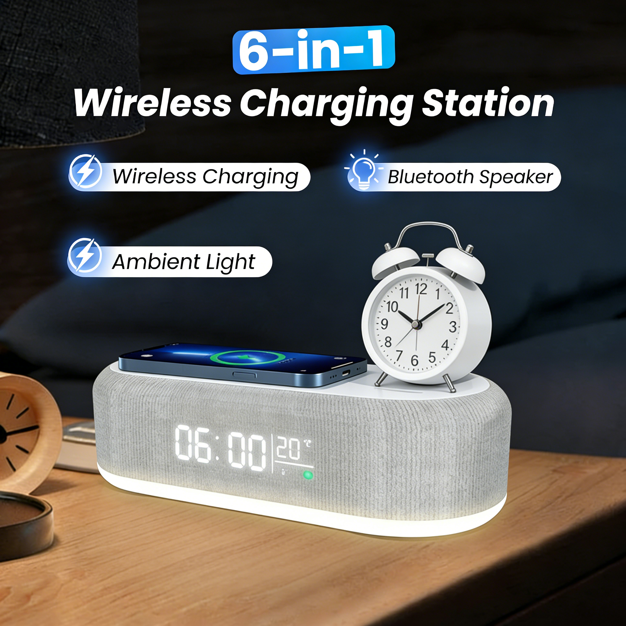 Arenzza 6-in-1 wireless charging station with multiple charging pads for smartphones, earbuds, and smartwatch, in sleek black design.