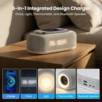 Aarenza 6-in-1 wireless charging station for smartphones, earbuds, and smartwatch, featuring sleek black design and multiple charging pads.