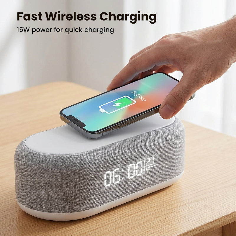 Arenzza 6-in-1 wireless charging station for electronics and accessories, showing multiple device charging pads on a sleek surface.