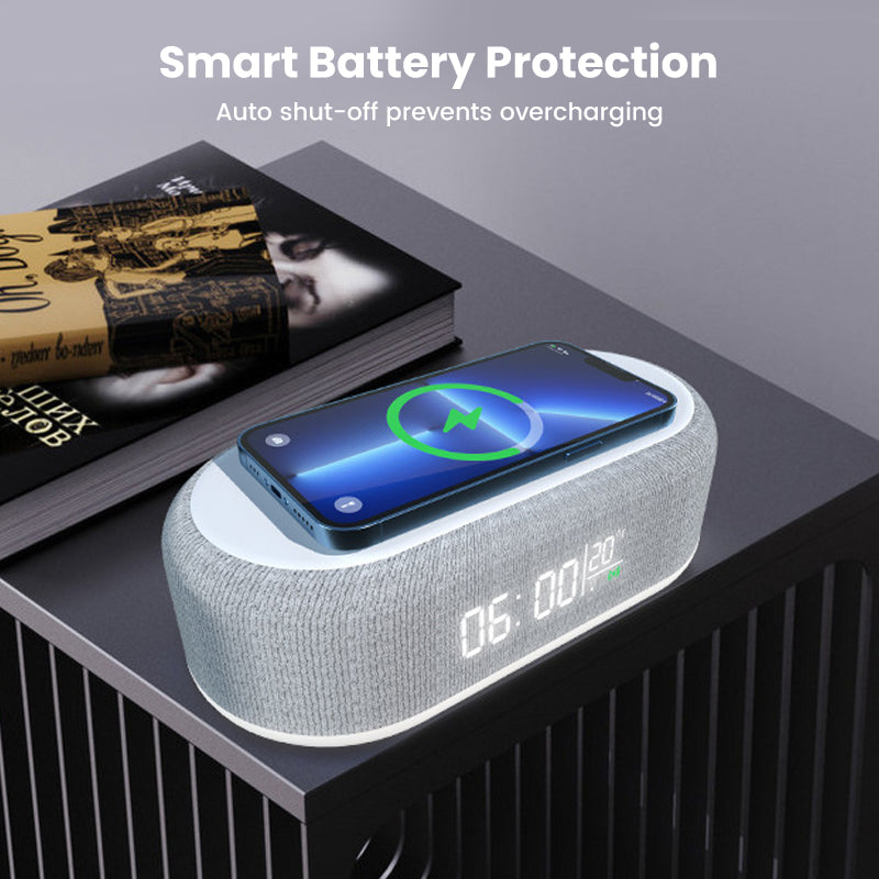 Arenzza 6-in-1 wireless charging station with multiple charging pads for smartphones, earbuds, and smartwatch, black electronic accessory.