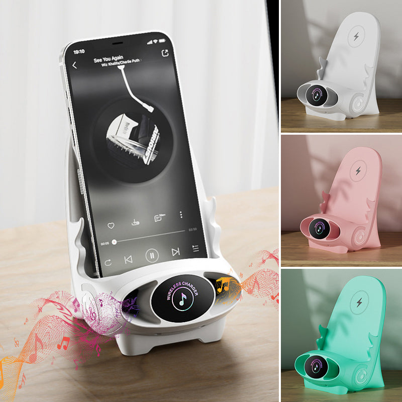 Arenzza Mini Chair Phone Holder with wireless charger, adjustable angles, for desk, car, or home use, featuring 15W fast charging.