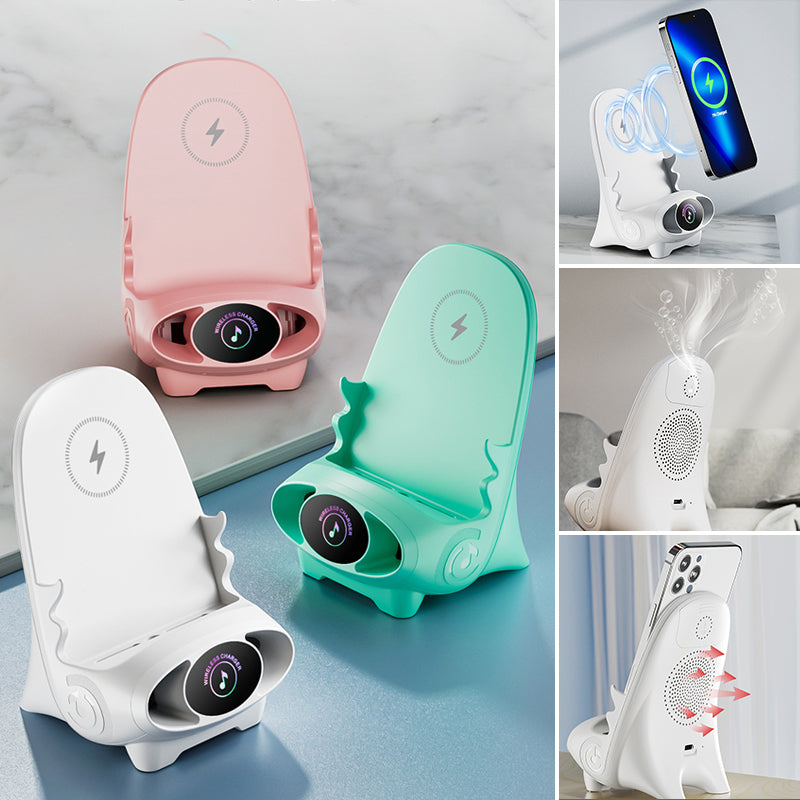 Arenzza Mini Chair Phone Holder with wireless charger, adjustable angles, for desk, car, and home use, with 15W fast charging.