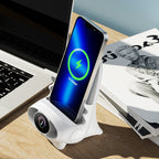 Arenzza Mini Chair Phone Holder with wireless charger, adjustable viewing angles, used on desk, car, or home surfaces.