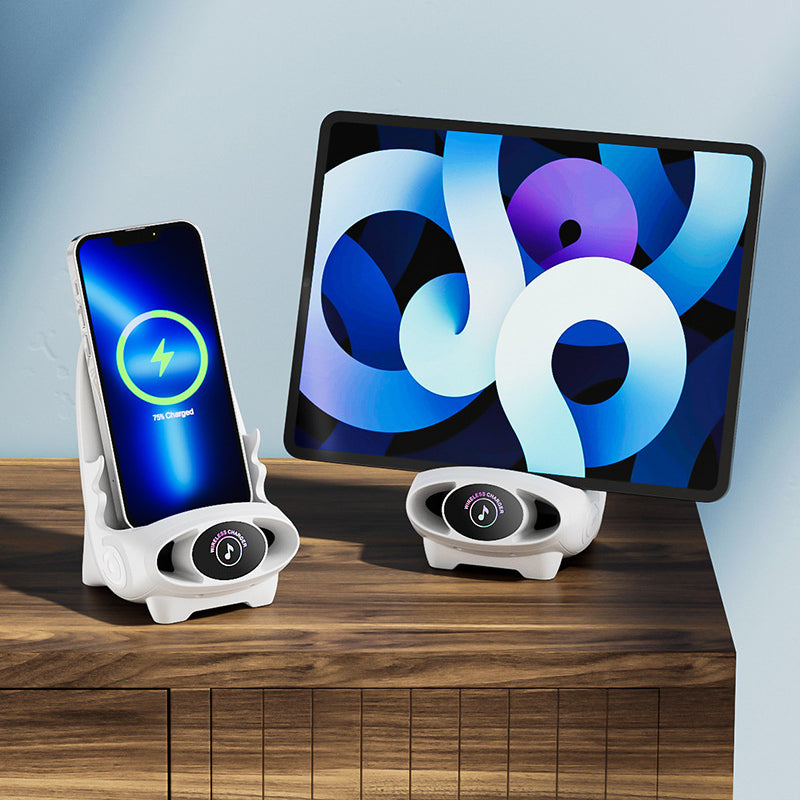 Arenzza mini chair phone holder with wireless charger, adjustable angles, used on desk, car, or home for fast 15W charging.