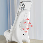 Arenzza Mini Chair Phone Holder with wireless charger displaying a smartphone on a desk, adjustable angles, and fast 15W charging.