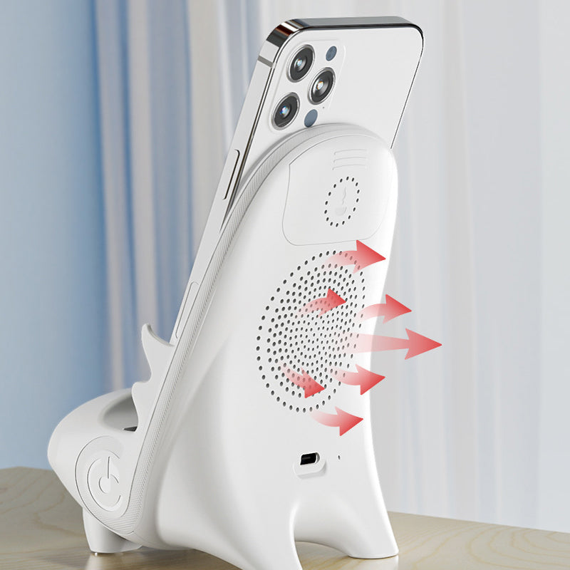 Arenzza Mini Chair Phone Holder with wireless charger displaying a smartphone on a desk, adjustable angles, and fast 15W charging.