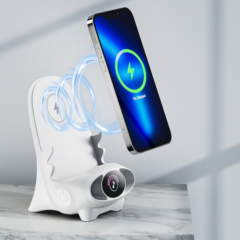 Arenzza Mini Chair Phone Holder with wireless charger, adjustable angles, compact design for desk, car, or home use.