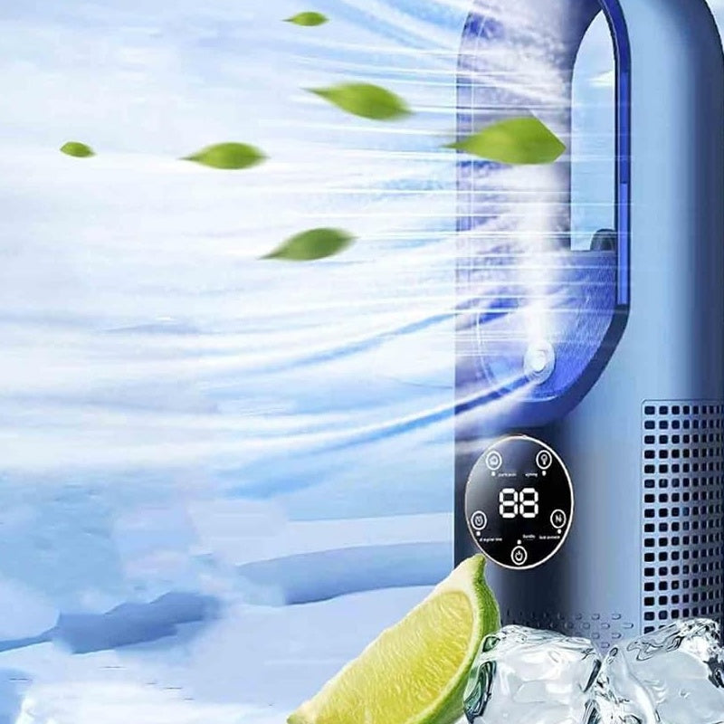 Arenzza 6-speed bladeless electric fan with built-in light, sleek modern design, showing the fan’s smooth surface and illuminated top.