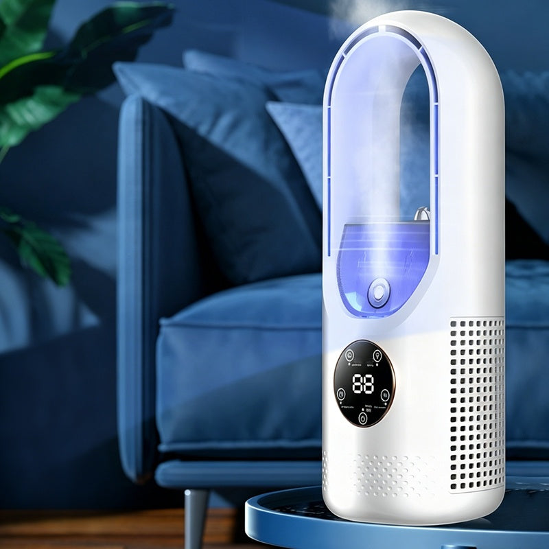 Arenzza 6-speed bladeless electric fan with integrated light, sleek modern design, shown turned on with light illumination.