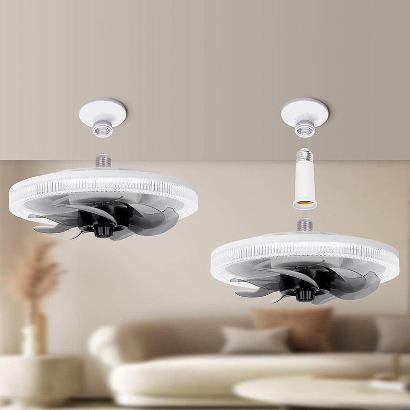 Arenzza 2-in-1 mute adjustable fan with light and remote control, showing fan blades, light bulb, and remote in a modern electronic device.