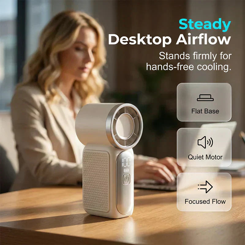 Arenzza Turbo Handheld Fan with LED display, 6 speeds, compact design, and ergonomic handle for portable cooling.