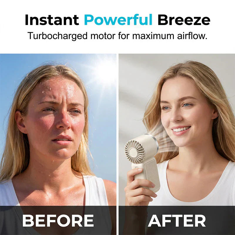 Arenzza Turbo Handheld Fan with LED display, showing 6 speed levels and a sleek design, perfect for cooling on the go.