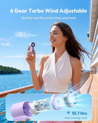 Arenzza Turbo Handheld Fan with LED display, 6 speeds, compact design, and powerful airflow at 16900 RPM.