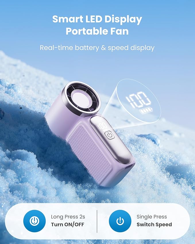 Arenzza Turbo Handheld Fan with LED display, 6 speeds, and sleek design, showcasing its compact portable electronic cooling device.