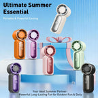 Arenzza Turbo Handheld Fan with LED display, 6 speeds, sleek design, and compact size for portable cooling and electronic accessories.