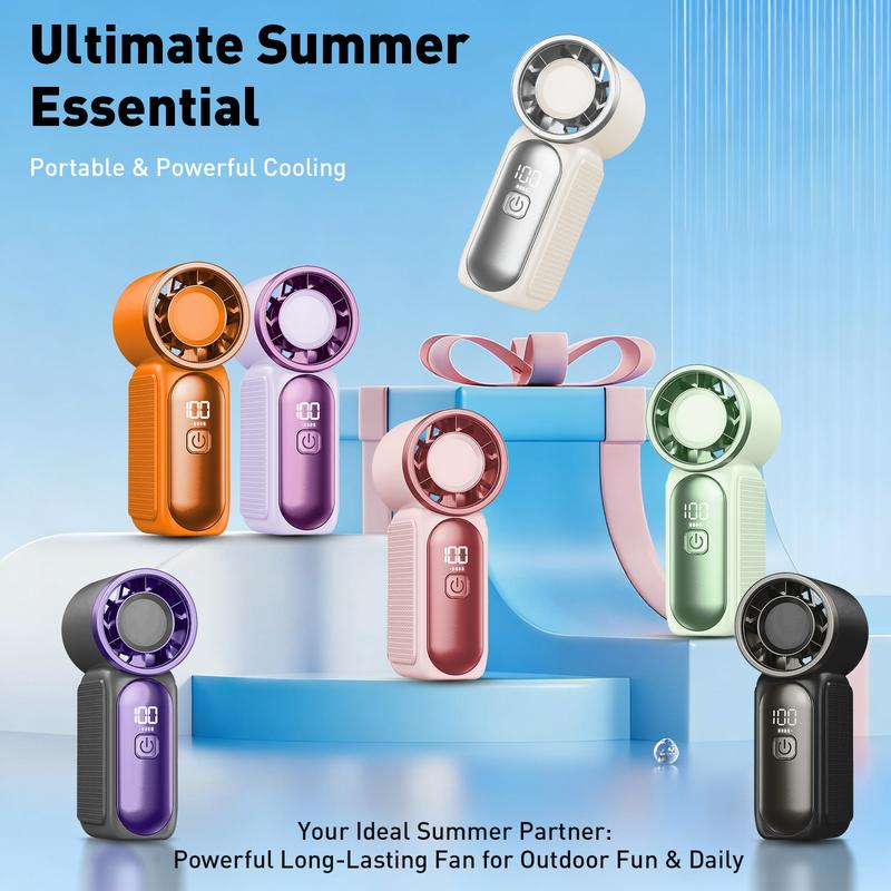 Arenzza Turbo Handheld Fan with LED display, 6 speeds, sleek design, and compact size for portable cooling and electronic accessories.