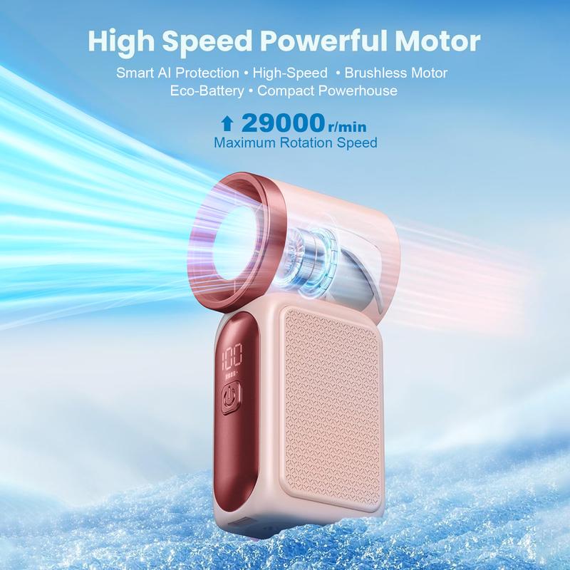 Arenzza Turbo Handheld Fan with LED display, 6 speeds, compact design, and ergonomic handle for portable cooling.