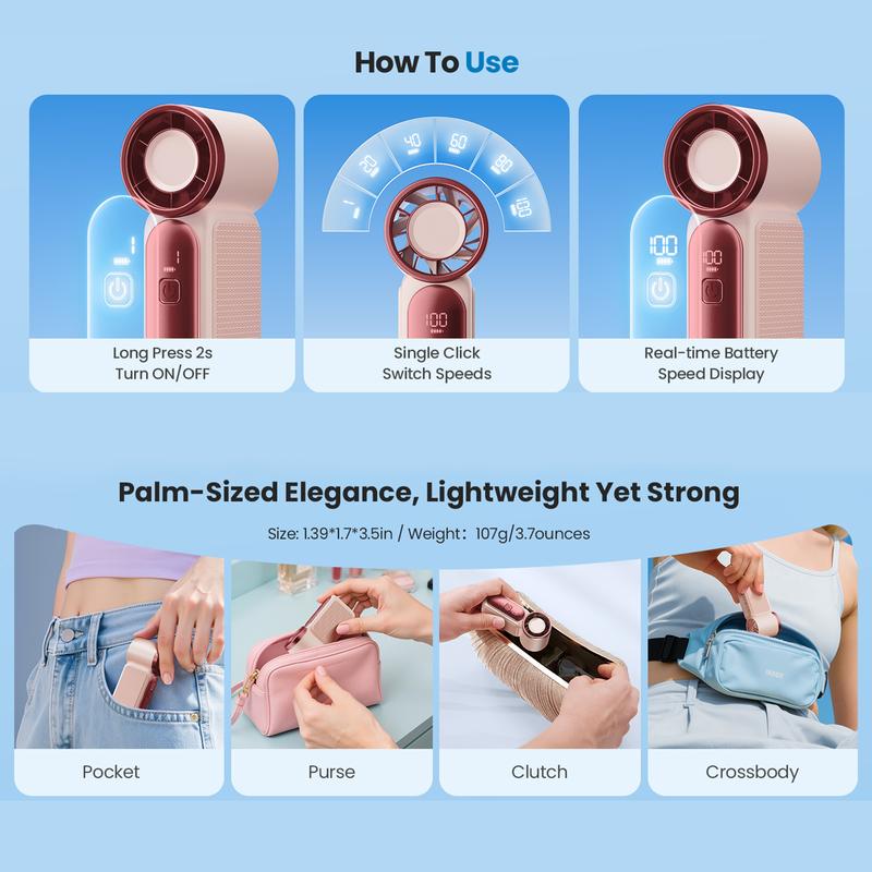 Arenzza Turbo Handheld Fan with LED display, 6 speeds, black handle, and blades, demonstrating its portable design and high RPM.