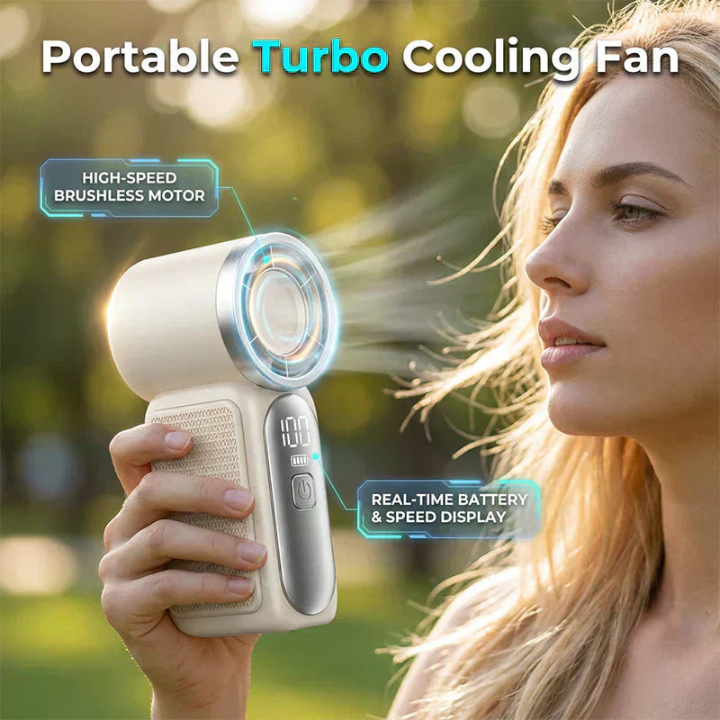 Arenzza Turbo Handheld Fan with LED display, 6 speeds, compact design, and visible blades, ideal for portable cooling.