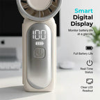 Arenzza Turbo Handheld Fan with LED display, 6 speeds, and sleek design, perfect for portable cooling and electronic accessories.