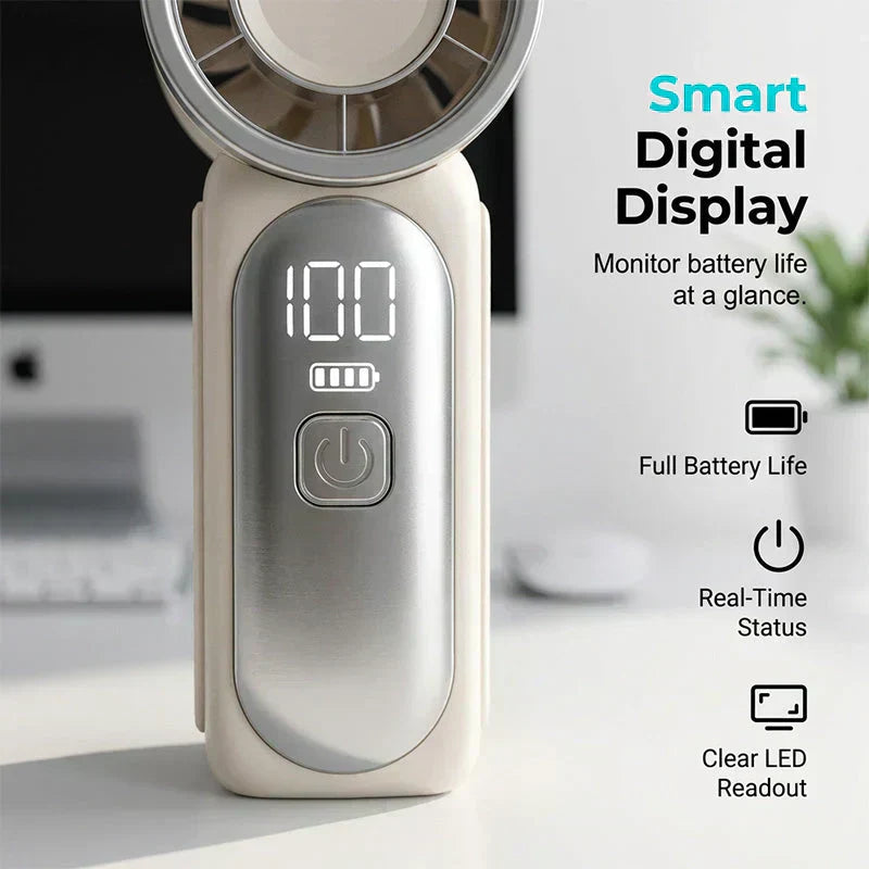 Arenzza Turbo Handheld Fan with LED display, 6 speeds, and sleek design, perfect for portable cooling and electronic accessories.
