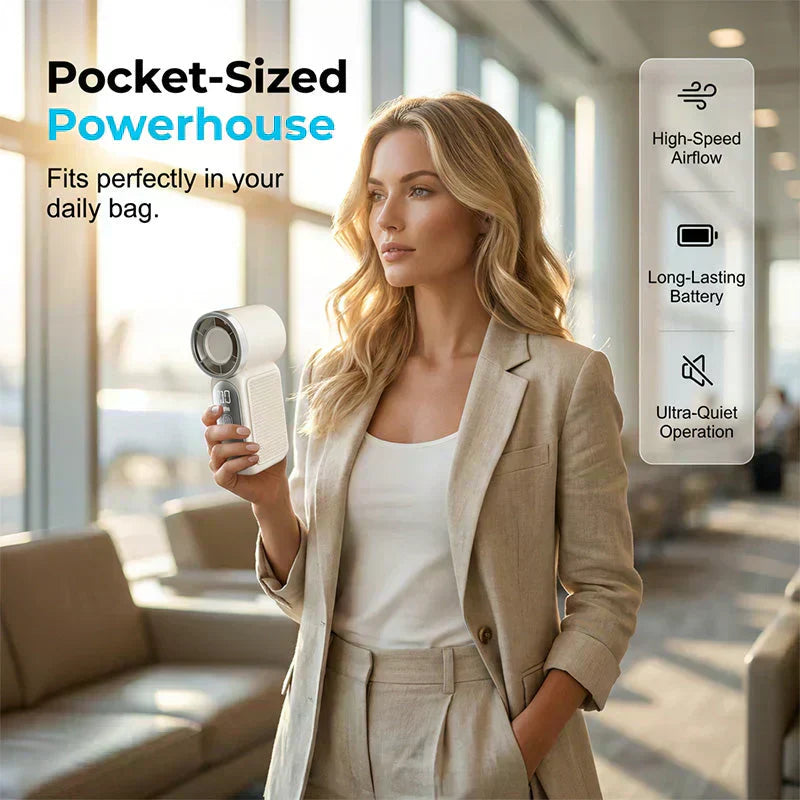 Aarenza Turbo Handheld Fan with LED display, 6 speeds, and 16900 RPM, compact electronic fan for cooling and portability.