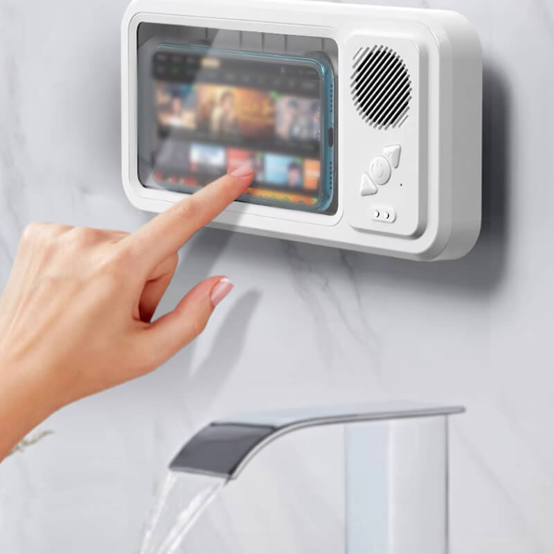 Arenzza waterproof phone case with built-in Bluetooth speaker, designed for electronics and accessories, shown on a smartphone.