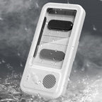 Arenzza waterproof phone case with built-in Bluetooth speaker, shown on a smartphone, designed for electronics and accessories.
