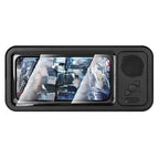 Arenzza waterproof phone case with Bluetooth speaker, shown in black, designed for outdoor use and water resistance.