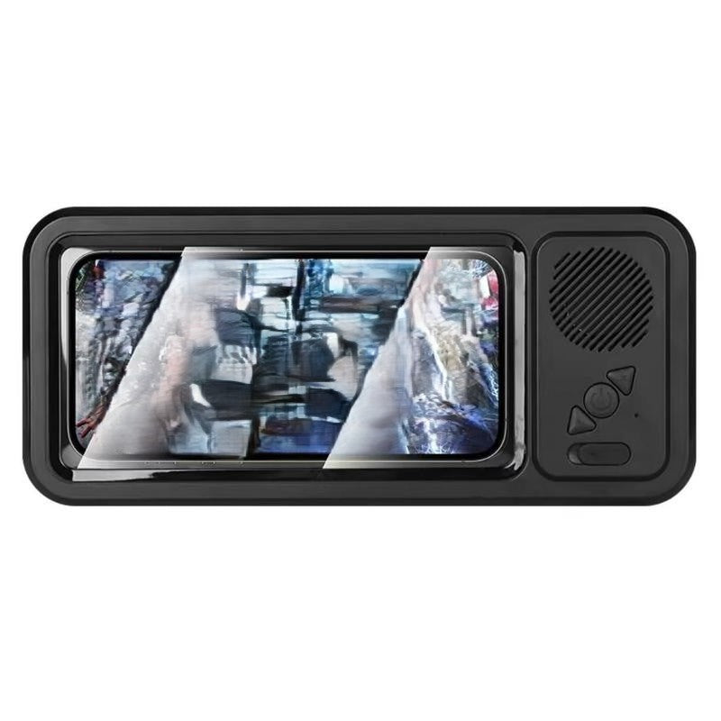 Arenzza waterproof phone case with Bluetooth speaker, shown in black, designed for outdoor use and water resistance.