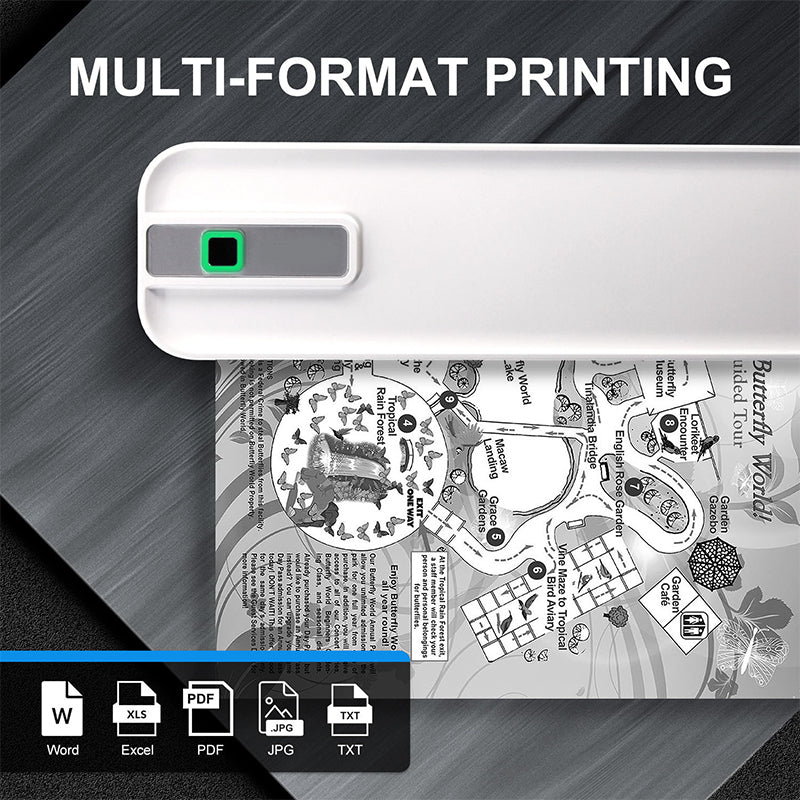 Arenzza portable Bluetooth thermal printer for electronics and accessories, shown in black with compact design and connection ports visible.
