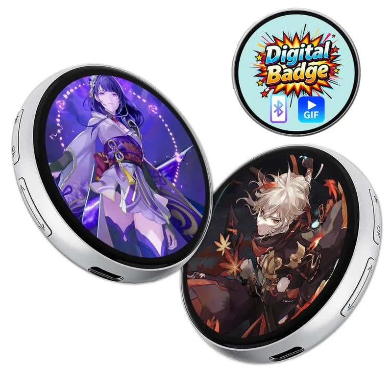 Arenzza digital badge with touchscreen display, photo and video GIF support, lightweight design, and 500mAh battery in electronics accessories