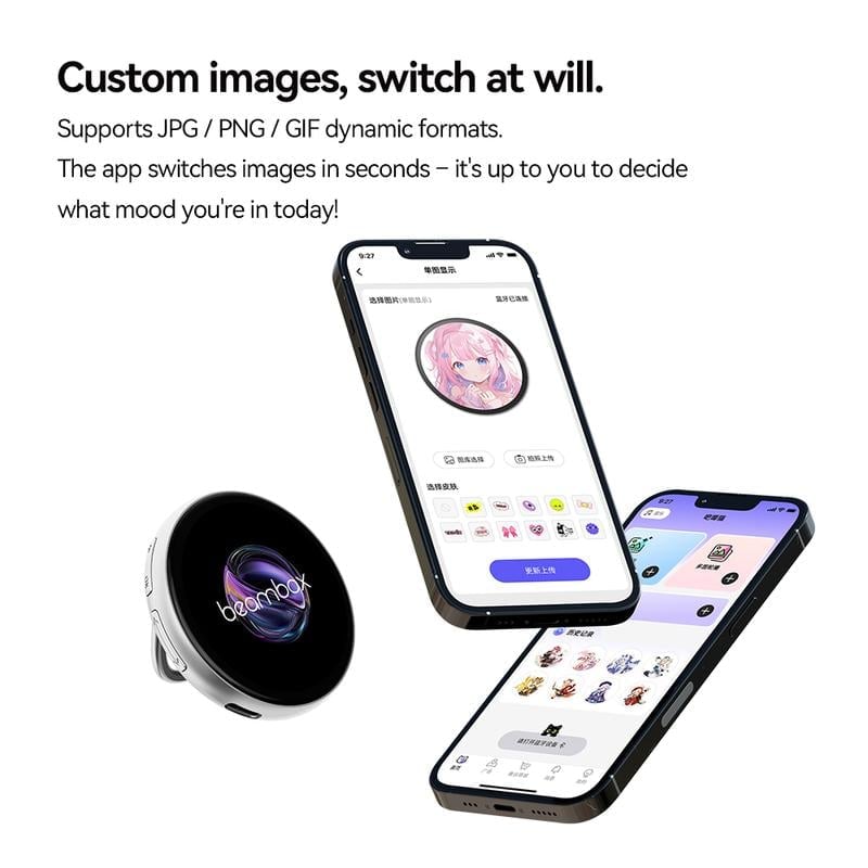 Arenzza digital badge display screen with pixel touchscreen, lightweight design, showing photo and video GIFs on a compact electronic device.