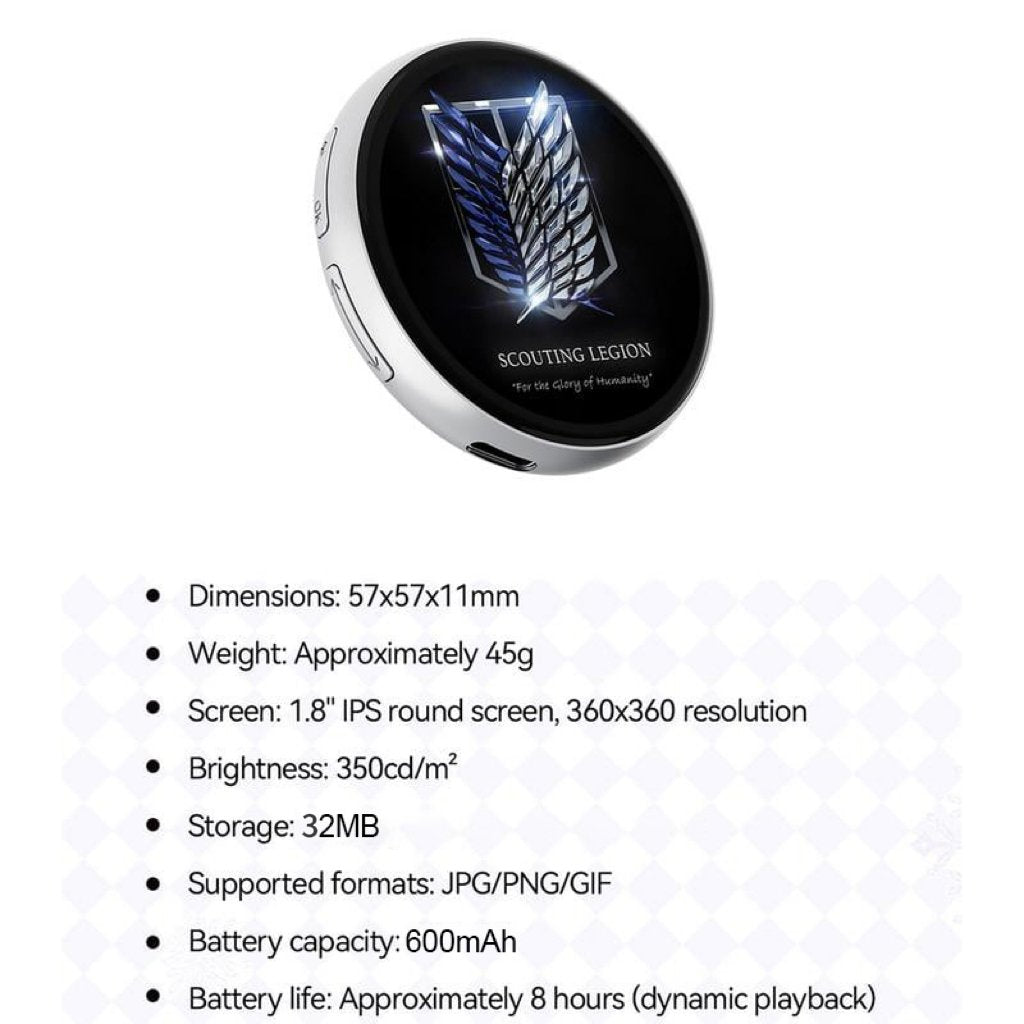 Arenzza digital badge display screen with pixel touchscreen, lightweight design, showing a colorful GIF and photo on the electronic accessory.