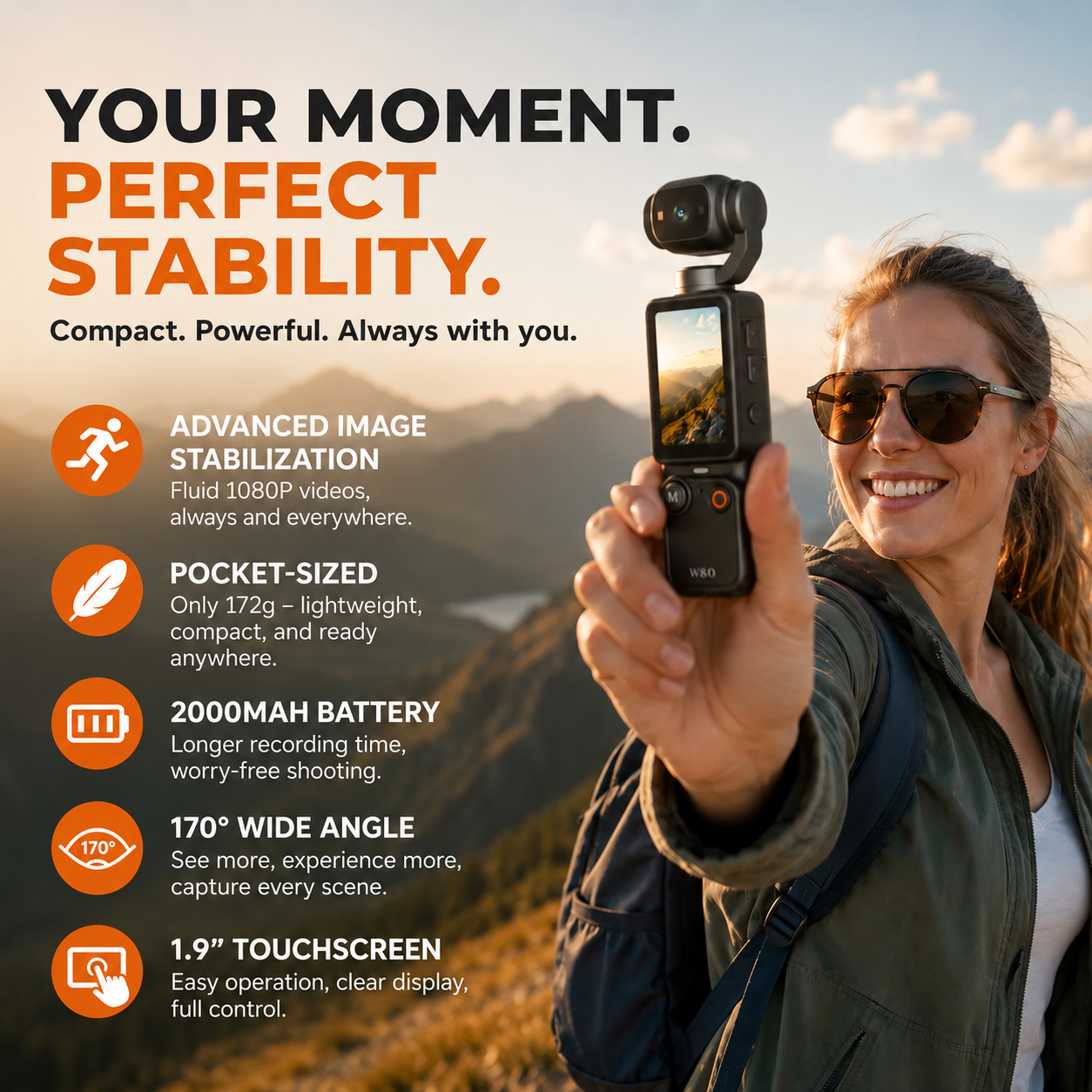 Arenzza pocket camera with flip-up display capturing a selfie, compact electronic accessory for instant sharing and high-quality photos.