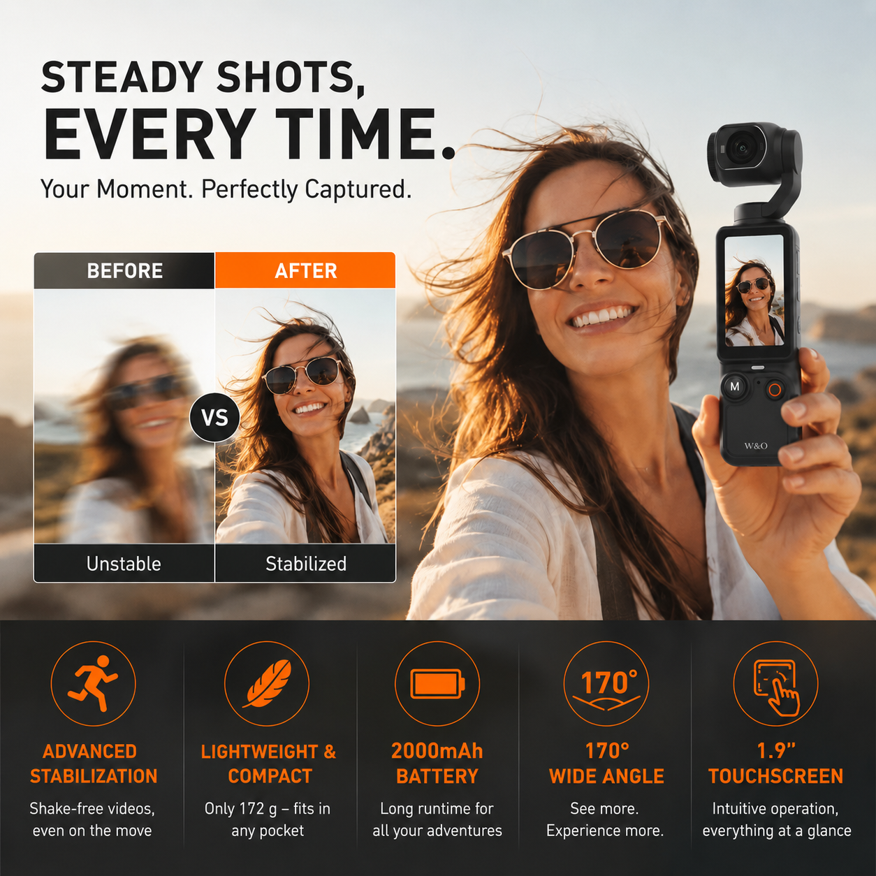 Arenzza pocket camera with flip-up display capturing a selfie, compact electronics accessory for instant sharing and easy photography.