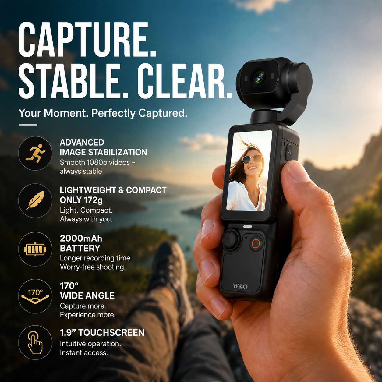 Arenzza pocket camera with flip-up display, perfect for selfies, compact electronics accessory for instant sharing.