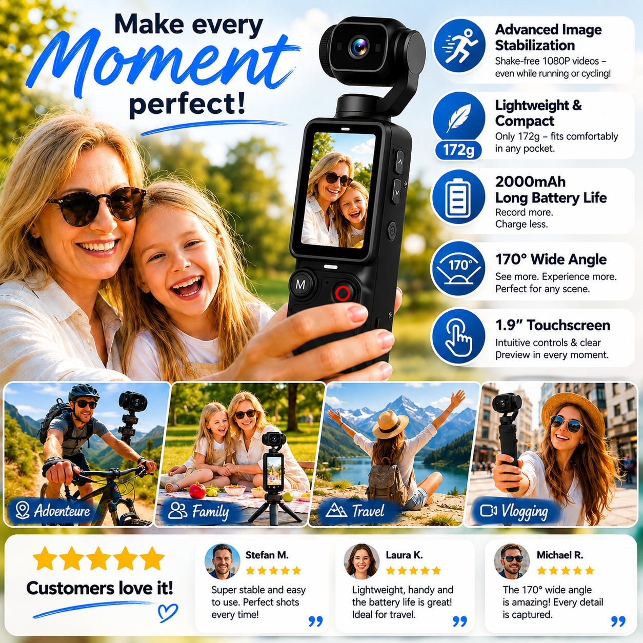Arenzza pocket camera with flip-up display, perfect for selfies and instant sharing, shown with compact electronic design