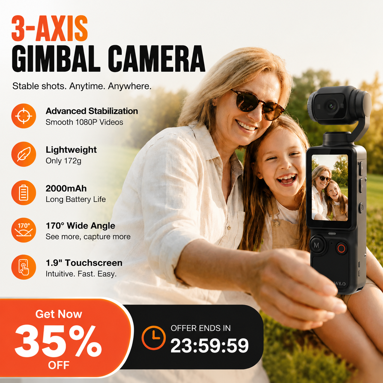 Arenzza pocket camera with flip-up display, perfect for selfies and instant sharing, showcased on a plain background.