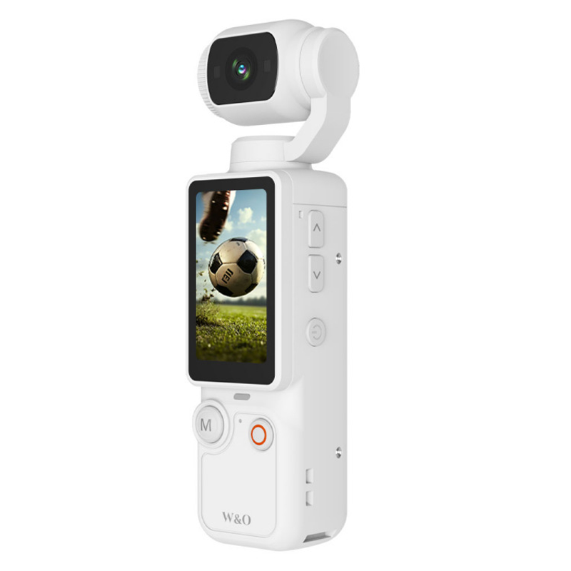 Arenzza pocket camera with flip-up display, capturing a selfie with a vibrant background, compact electronic accessory for instant sharing.