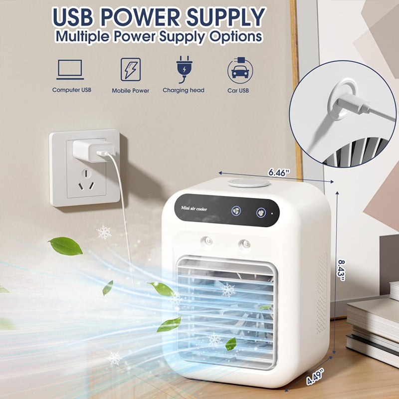 Arenzza mini portable air conditioner with cooling and humidification functions, compact electronic device on a neutral background.