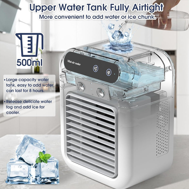 Arenzza mini portable air conditioner with cooling and humidification functions, compact electronics and accessories for personal comfort.