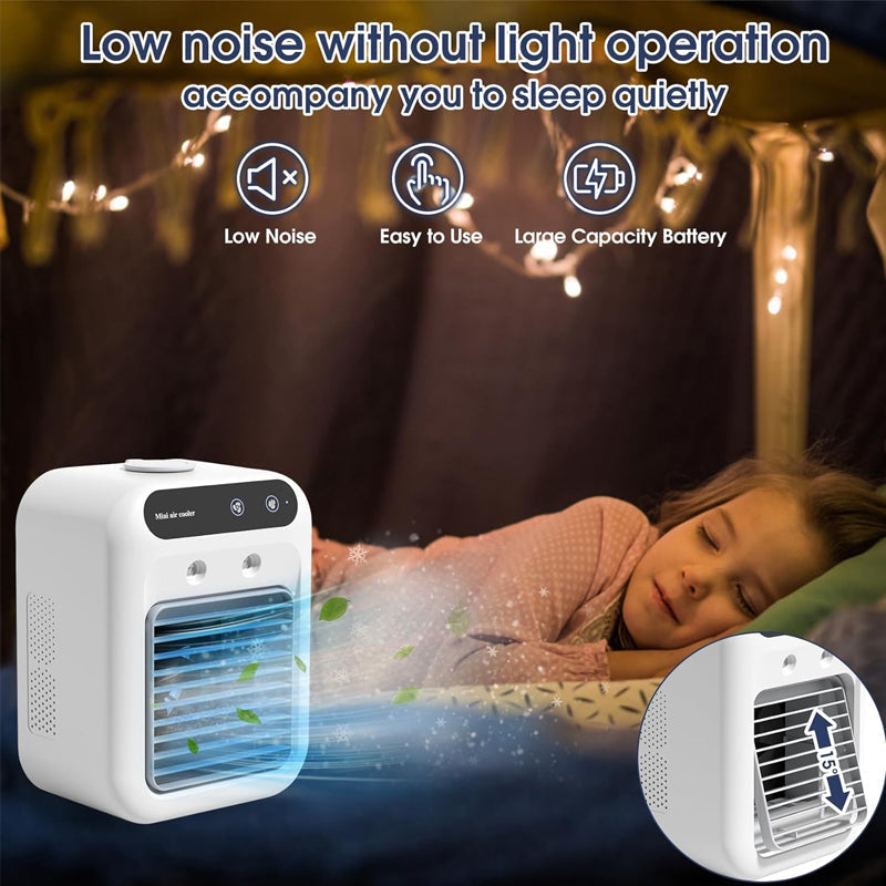 Arenzza mini portable air conditioner with cooling and humidification functions, compact electronic device on a white background.