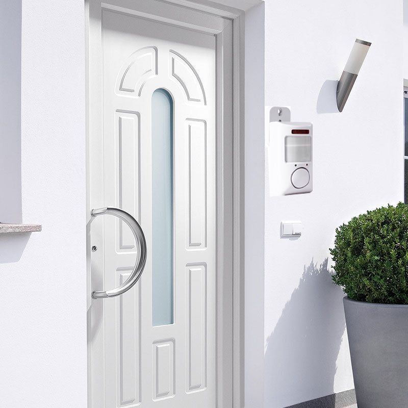 Arenzza infrared motion sensor alarm with two remote controls, electronic security device for detecting movement.