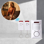 Arenzza motion sensor infrared alarm with two remote controls, electronic security device with infrared detection sensors.