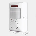 Arenzza infrared motion sensor alarm with two remote controls, compact electronic security device for home or office use.