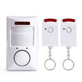Infrared motion sensor alarm by Arenzza with two remote controls, electronic security device with motion detection feature.
