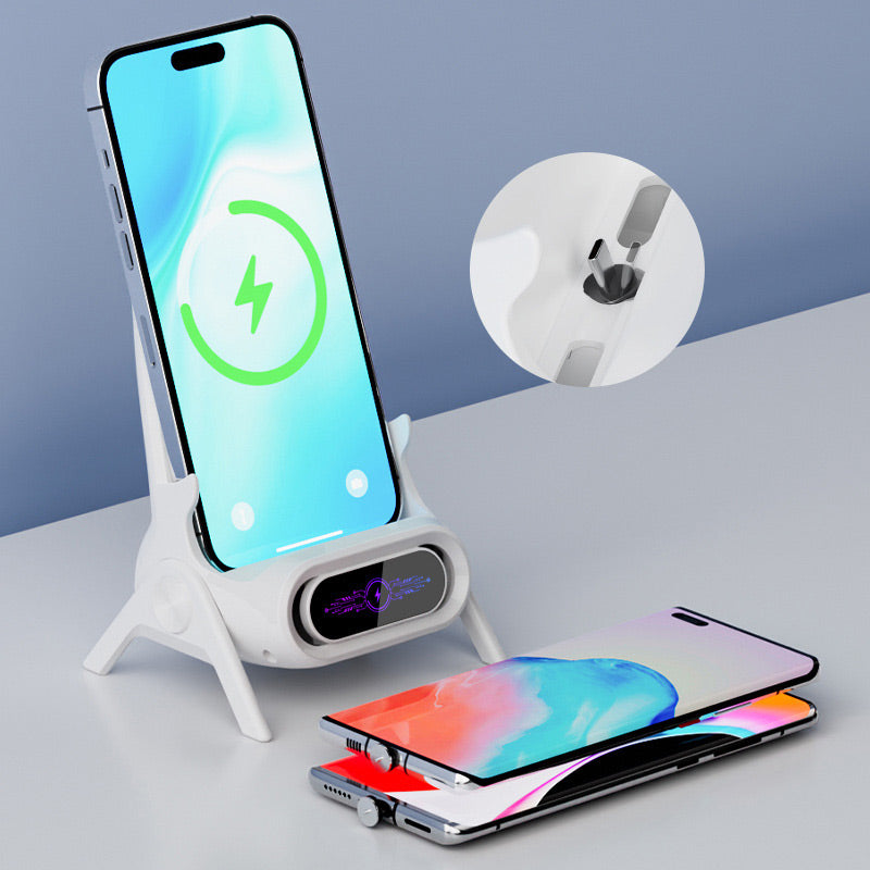 Arenzza multifunctional wireless fast charger phone stand showing a smartphone charging wirelessly on a sleek black stand.