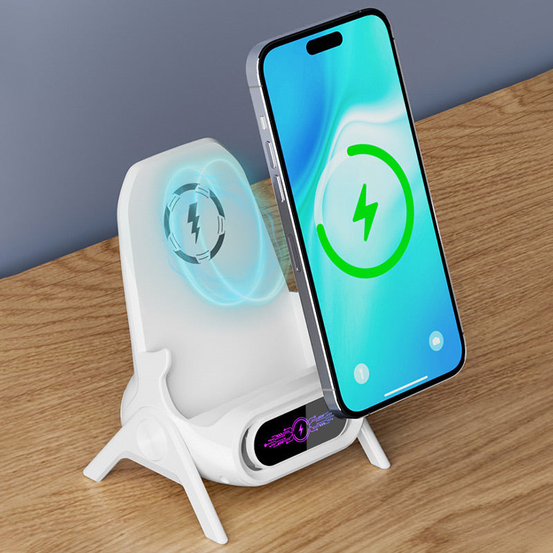 Arenzza multifunctional wireless fast charger phone stand with a sleek design, holding a smartphone for easy charging and viewing.