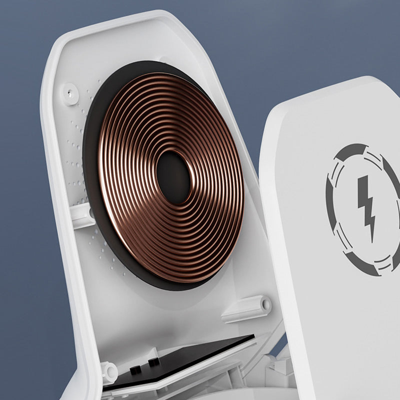 Arenzza multifunctional wireless fast charger phone stand with a sleek design, holding a smartphone in landscape orientation.